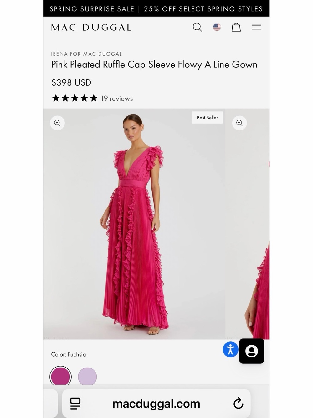 Mac Duggal Fuchsia Pleated Ruffle Cap Sleeve A-Line Maxi Gown